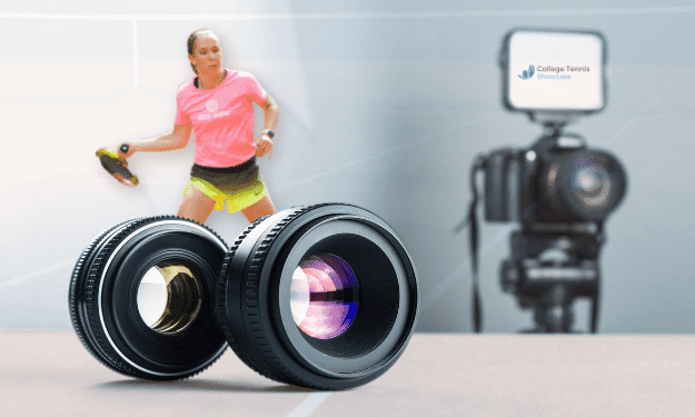 Tennis player stands in the background of a camera lens