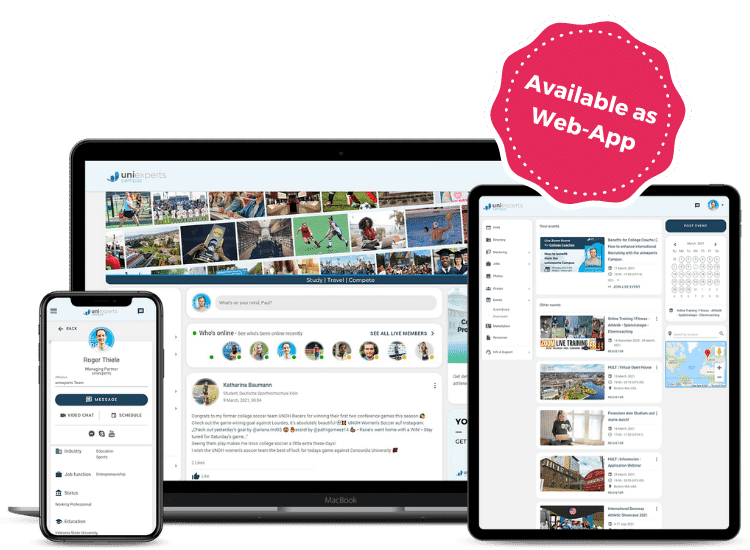 uniexperts Campus shown on mobile phone, tablet, and laptop